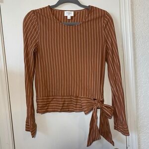 Everly Striped Tie Waist Long Sleeve‎ Blouse Women's Size Small Brown White